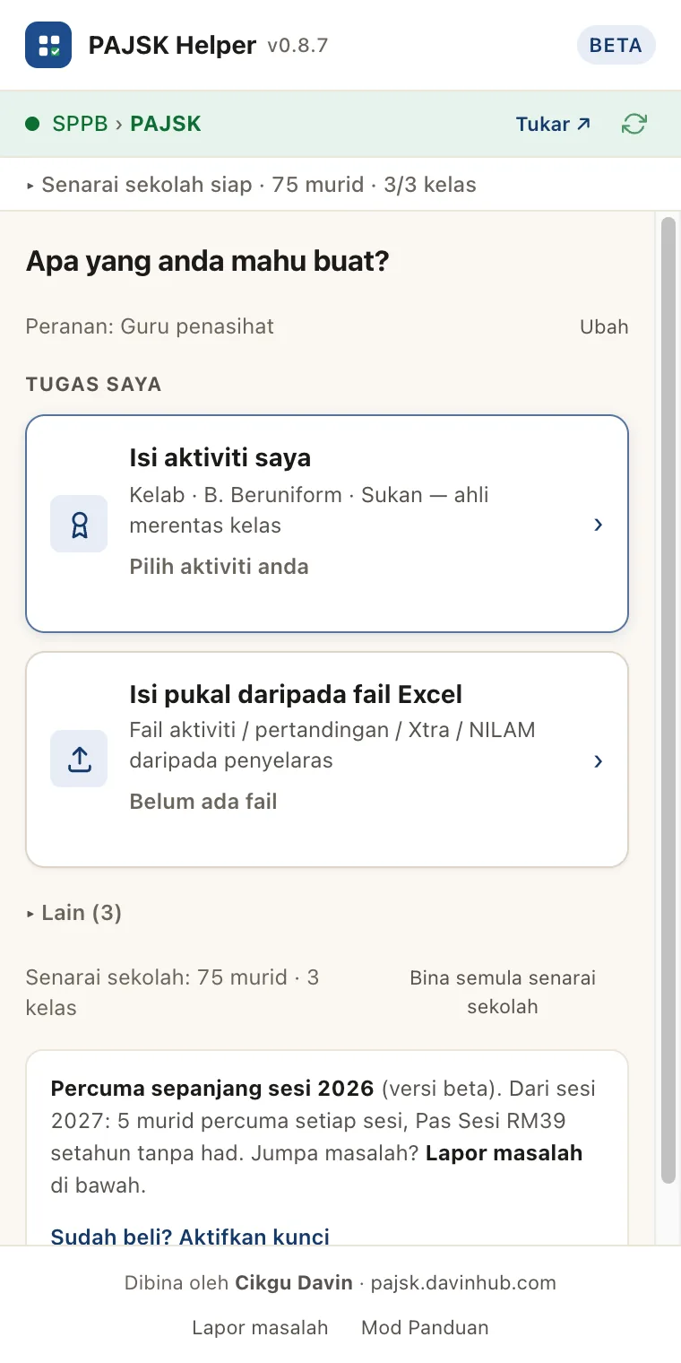 Skrin Rumah panel: kad Isi aktiviti saya dan Isi pukal daripada fail Excel, dengan status senarai sekolah siap 75 murid.